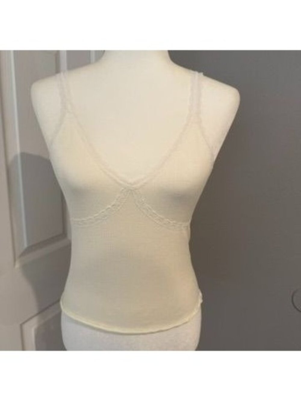 Y2K Coquette White Lace Trim Pointelle Ribbed V Neck Tank Top Cami Cottagecore S